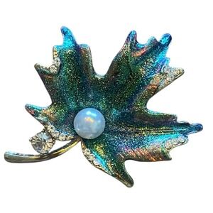 Leaf Brooch Pin Faux Pearl Diamond Like  Rhinestone Green Iridescent Sparkle
